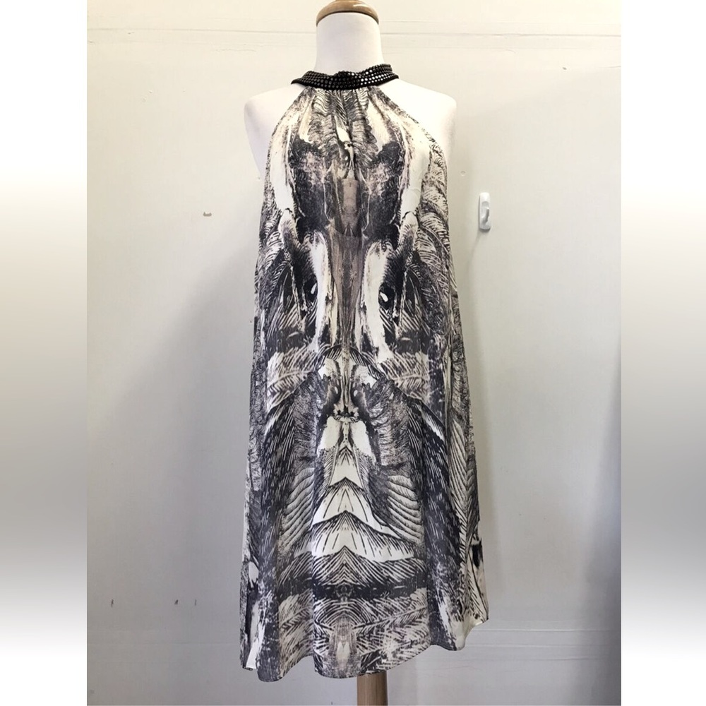 Haute Hippie Freebird Silk Print Dress Black Suede Studded Collar. Size XS.